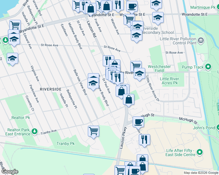 map of restaurants, bars, coffee shops, grocery stores, and more near 1181 Saint Paul Avenue in Windsor
