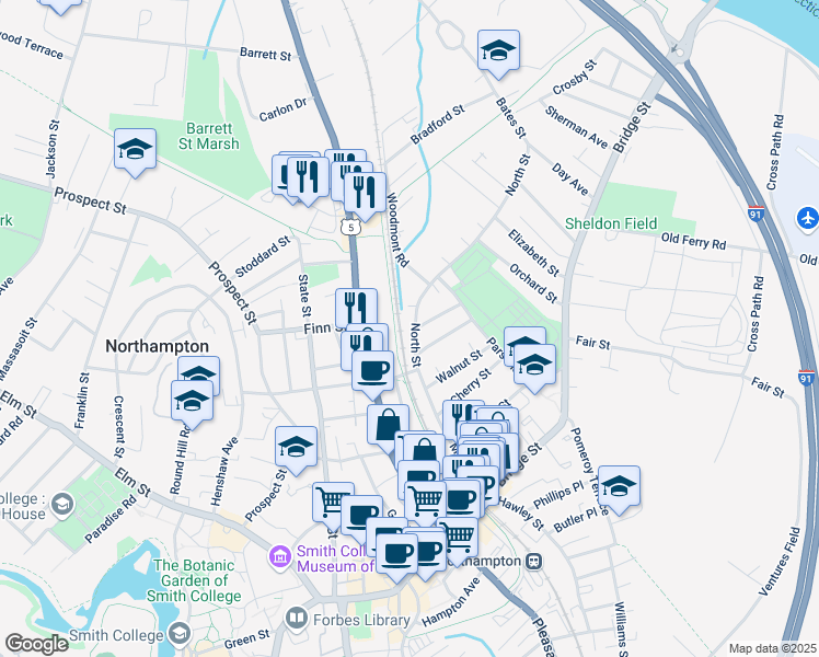 map of restaurants, bars, coffee shops, grocery stores, and more near 68 North Street in Northampton