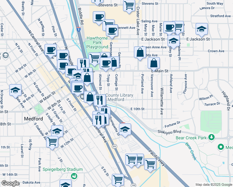 map of restaurants, bars, coffee shops, grocery stores, and more near 124 Cottage St in Medford