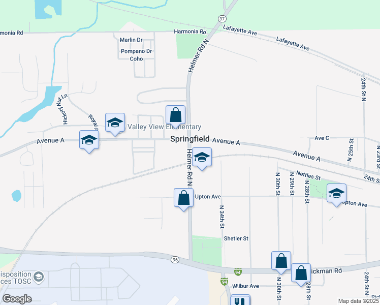 map of restaurants, bars, coffee shops, grocery stores, and more near 380 Helmer Road North in Springfield