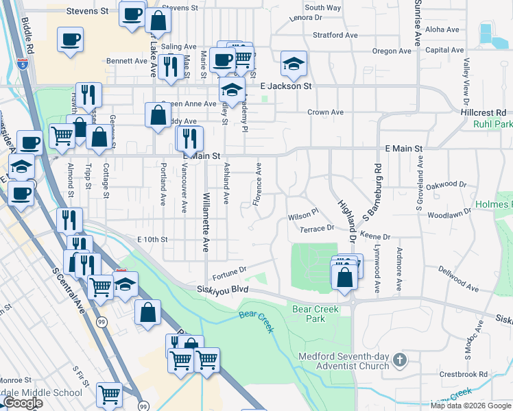 map of restaurants, bars, coffee shops, grocery stores, and more near 211 Florence Avenue in Medford