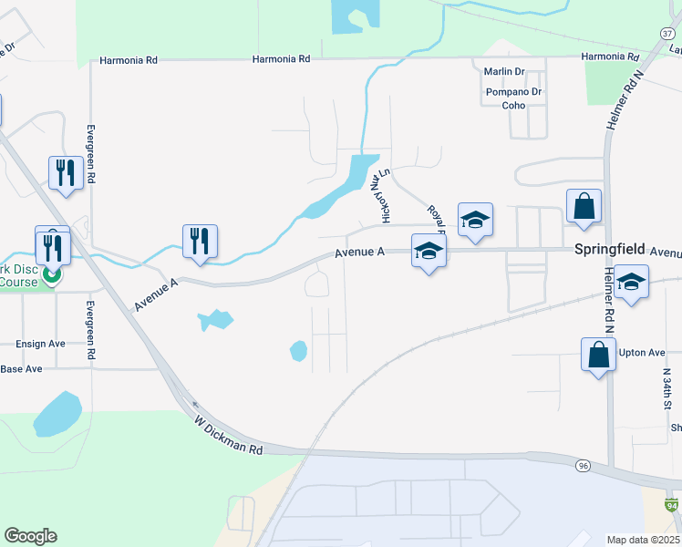 map of restaurants, bars, coffee shops, grocery stores, and more near 1267 Avenue A in Springfield