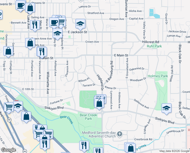 map of restaurants, bars, coffee shops, grocery stores, and more near 127 South Keene Way Drive in Medford