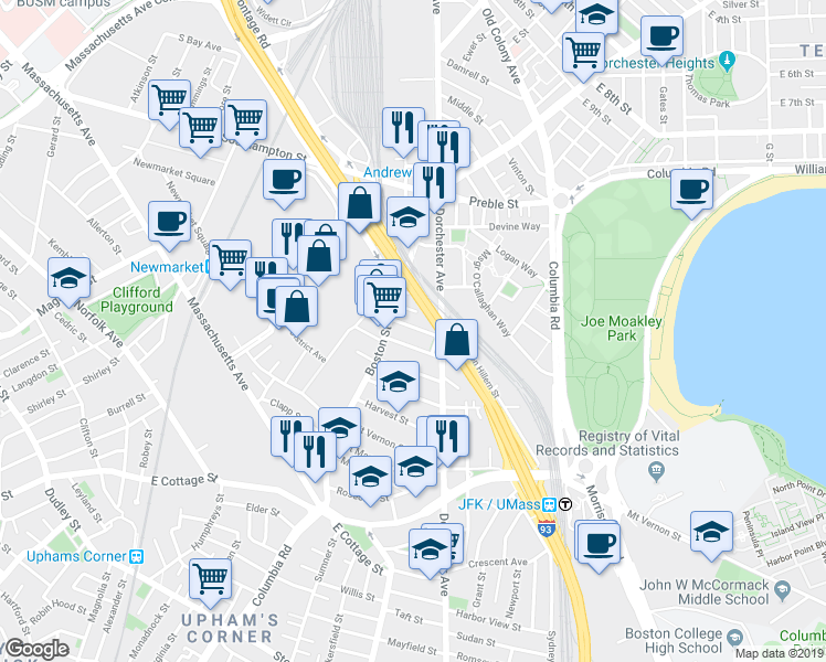 map of restaurants, bars, coffee shops, grocery stores, and more near 26 Washburn Street in Boston