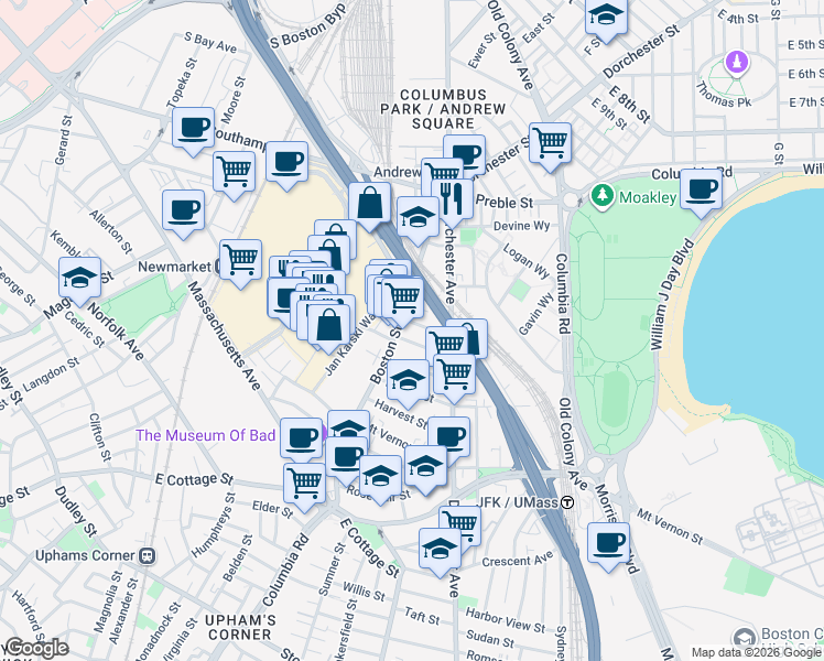 map of restaurants, bars, coffee shops, grocery stores, and more near 26 Washburn Street in Boston