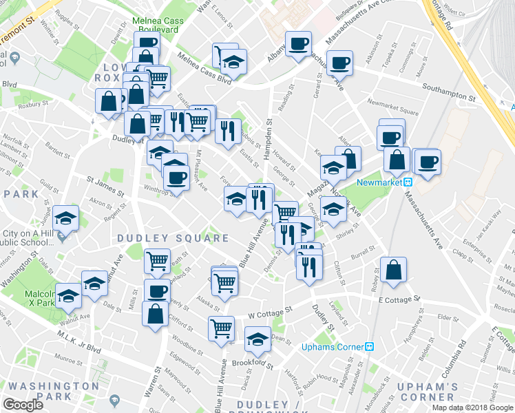 map of restaurants, bars, coffee shops, grocery stores, and more near 140 Mount Pleasant Avenue in Boston