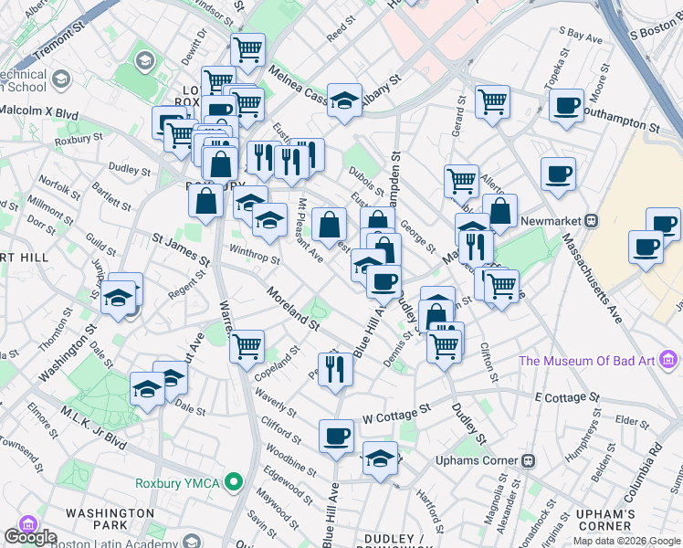 map of restaurants, bars, coffee shops, grocery stores, and more near 98 Mount Pleasant Avenue in Boston