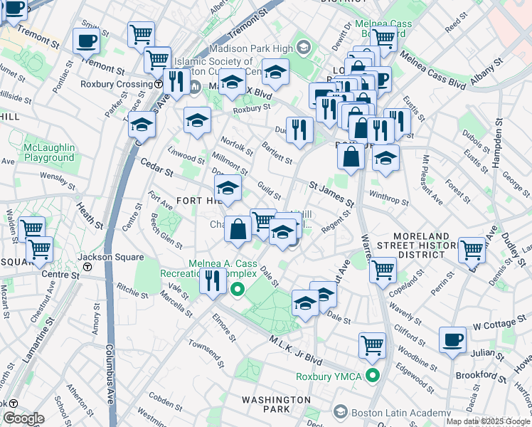 map of restaurants, bars, coffee shops, grocery stores, and more near 38 Thornton Street in Boston