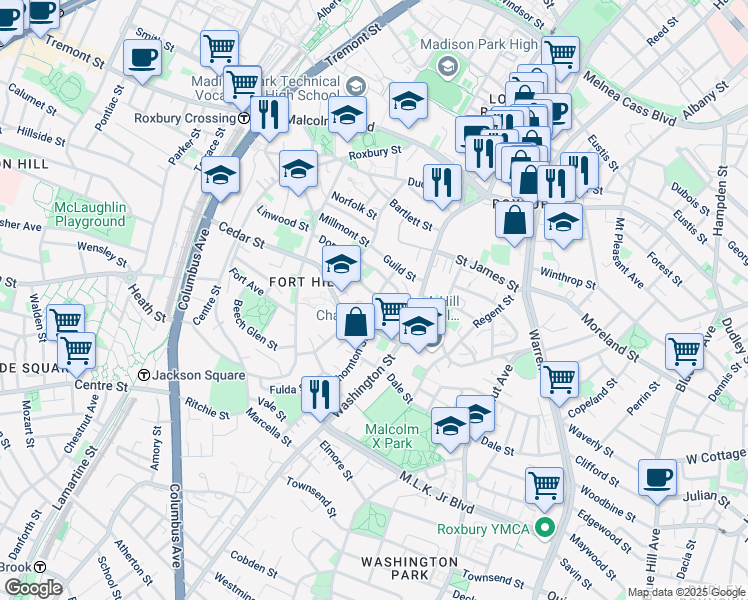 map of restaurants, bars, coffee shops, grocery stores, and more near 38 Thornton Street in Boston