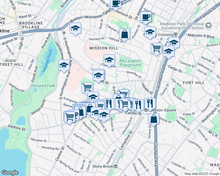 map of restaurants, bars, coffee shops, grocery stores, and more near 15-15R Walden Street in Boston