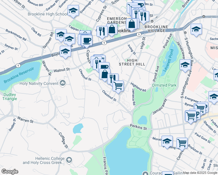 map of restaurants, bars, coffee shops, grocery stores, and more near 100 Franklin Street in Brookline
