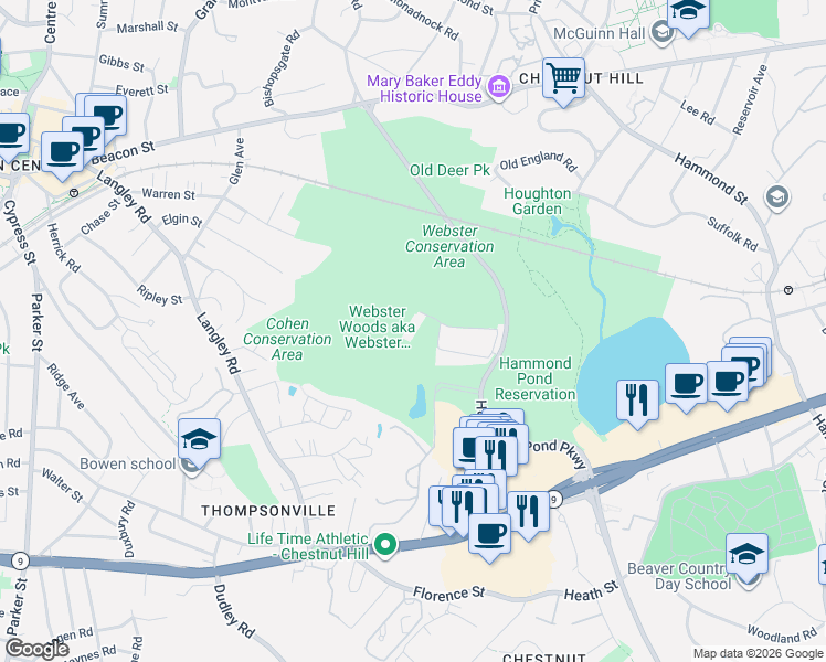 map of restaurants, bars, coffee shops, grocery stores, and more near 300 Hammond Pond Parkway in Newton