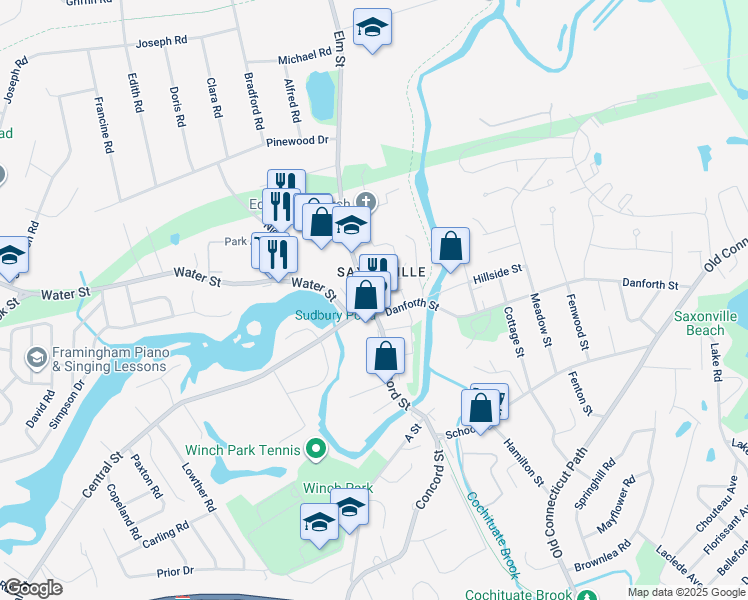 map of restaurants, bars, coffee shops, grocery stores, and more near 3 Elm Street in Framingham
