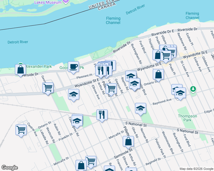 map of restaurants, bars, coffee shops, grocery stores, and more near in Windsor