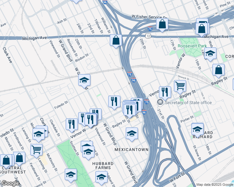 map of restaurants, bars, coffee shops, grocery stores, and more near 2083 24th Street in Detroit