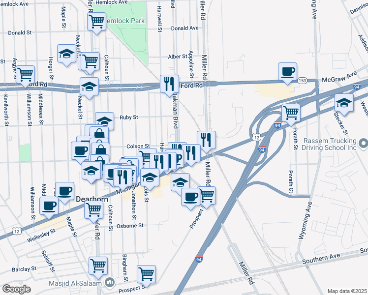map of restaurants, bars, coffee shops, grocery stores, and more near 5121 Oakman Boulevard in Dearborn