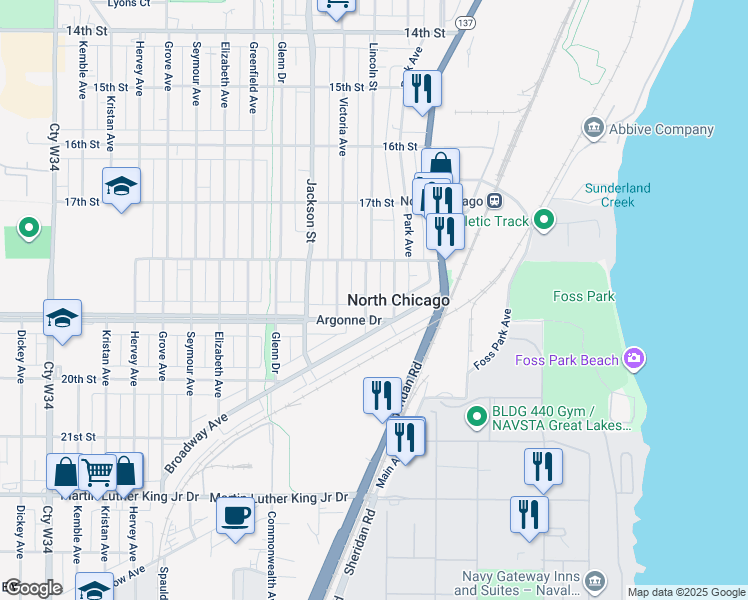 map of restaurants, bars, coffee shops, grocery stores, and more near in North Chicago