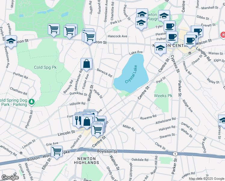 map of restaurants, bars, coffee shops, grocery stores, and more near 215 Lake Avenue in Newton