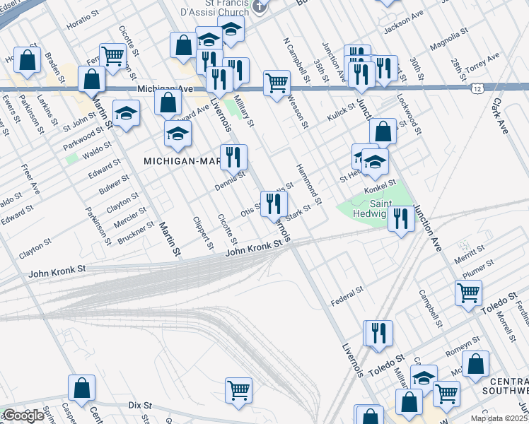 map of restaurants, bars, coffee shops, grocery stores, and more near 3231 Livernois in Detroit