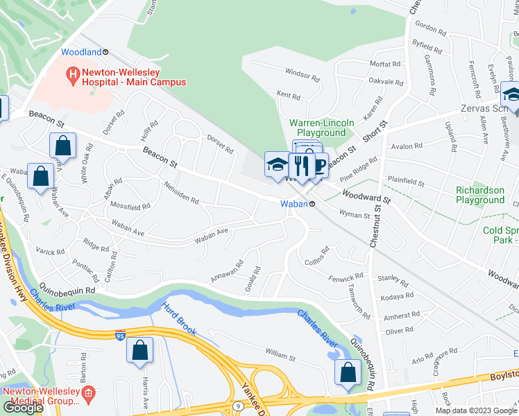 map of restaurants, bars, coffee shops, grocery stores, and more near 14 Manitoba Road in Newton