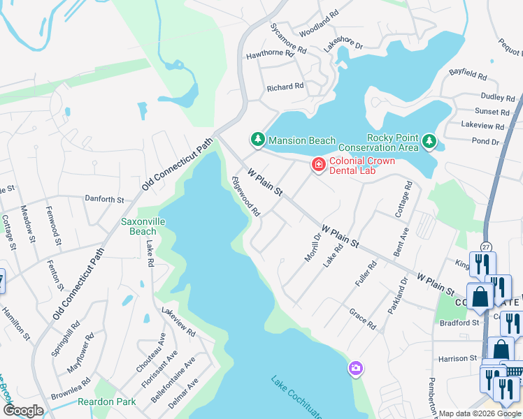 map of restaurants, bars, coffee shops, grocery stores, and more near 37 Edgewood Road in Wayland