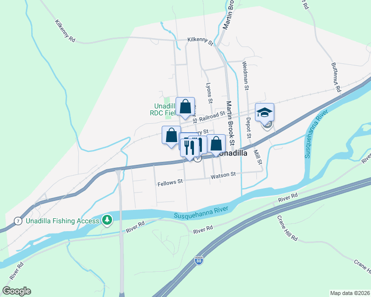 map of restaurants, bars, coffee shops, grocery stores, and more near 187 New York 7 in Unadilla
