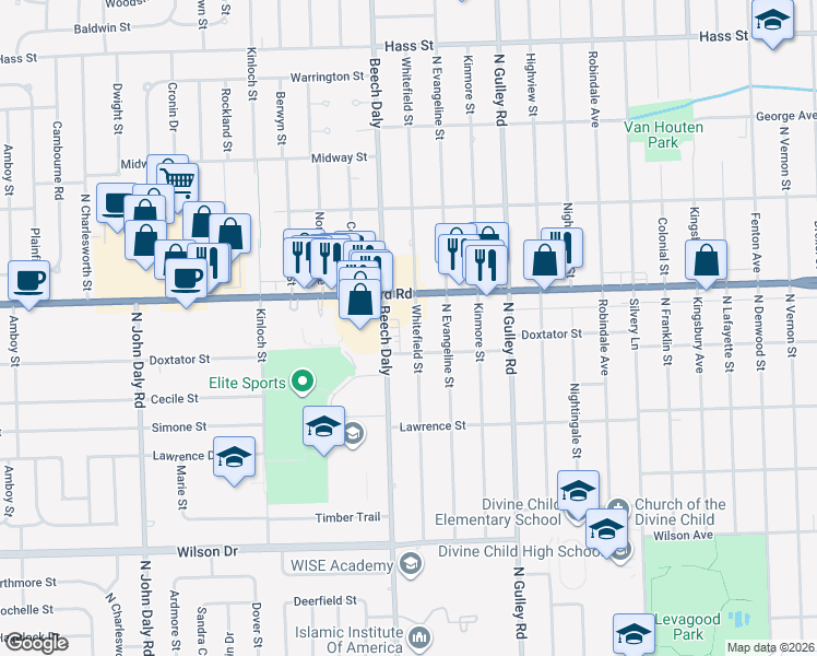 map of restaurants, bars, coffee shops, grocery stores, and more near 2072 Whitefield Street in Dearborn Heights
