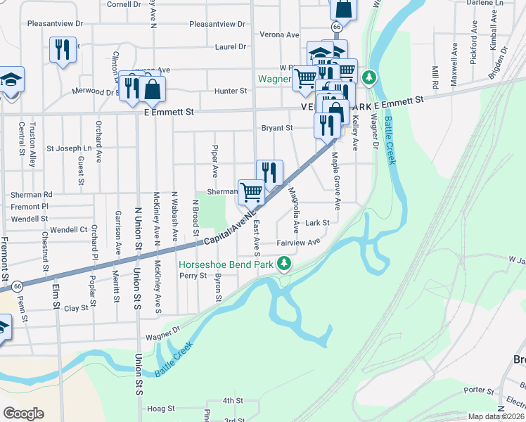 map of restaurants, bars, coffee shops, grocery stores, and more near 38 Traverse Street in Battle Creek