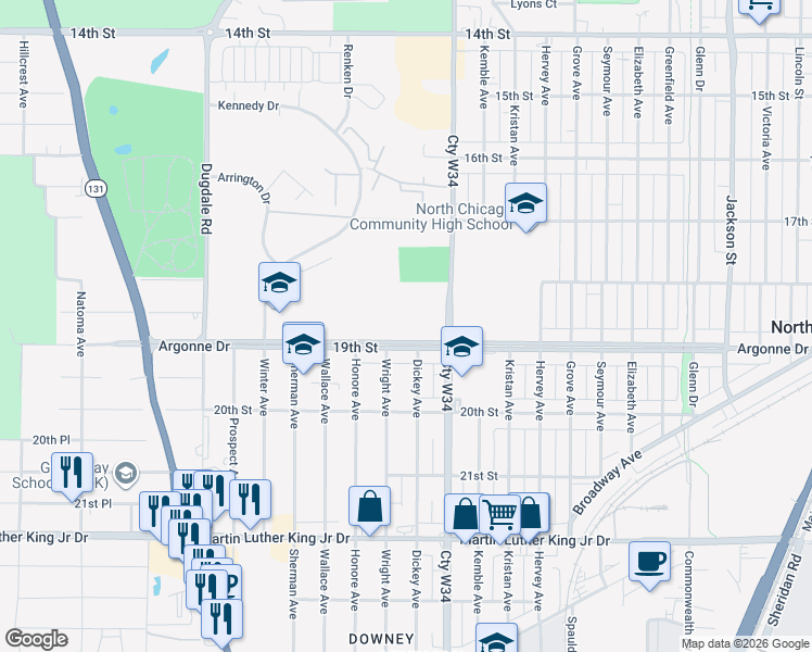 map of restaurants, bars, coffee shops, grocery stores, and more near 2100 Argonne Drive in North Chicago