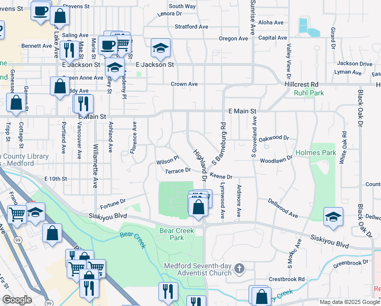 map of restaurants, bars, coffee shops, grocery stores, and more near 127 South Keene Way Drive in Medford