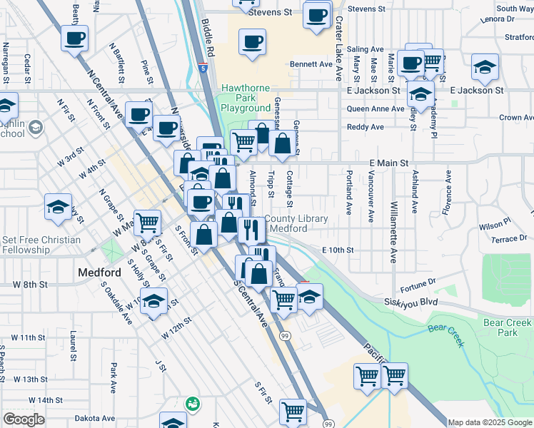 map of restaurants, bars, coffee shops, grocery stores, and more near 132 Tripp Street in Medford