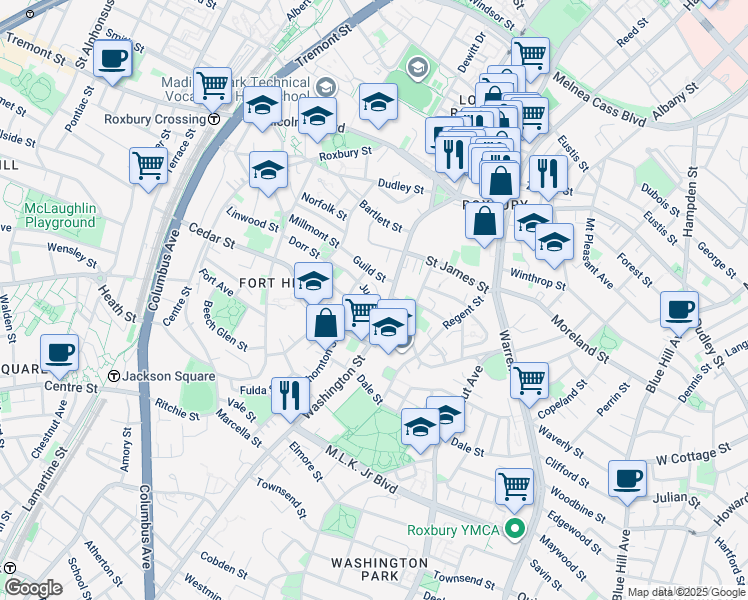 map of restaurants, bars, coffee shops, grocery stores, and more near 33 Juniper Street in Boston