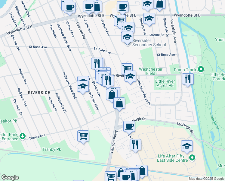 map of restaurants, bars, coffee shops, grocery stores, and more near 1170 Lauzon Road in Windsor