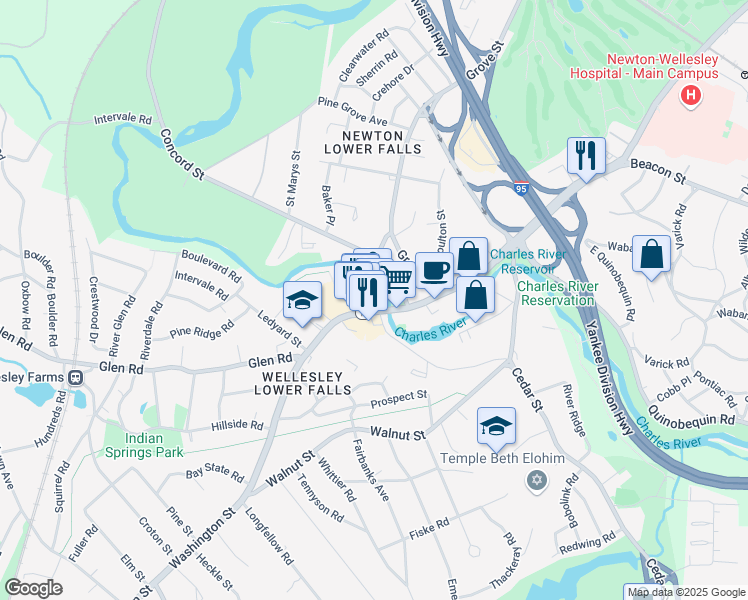map of restaurants, bars, coffee shops, grocery stores, and more near 1 Washington Street in Wellesley