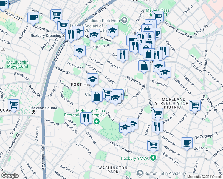 map of restaurants, bars, coffee shops, grocery stores, and more near 35 Juniper Street in Boston