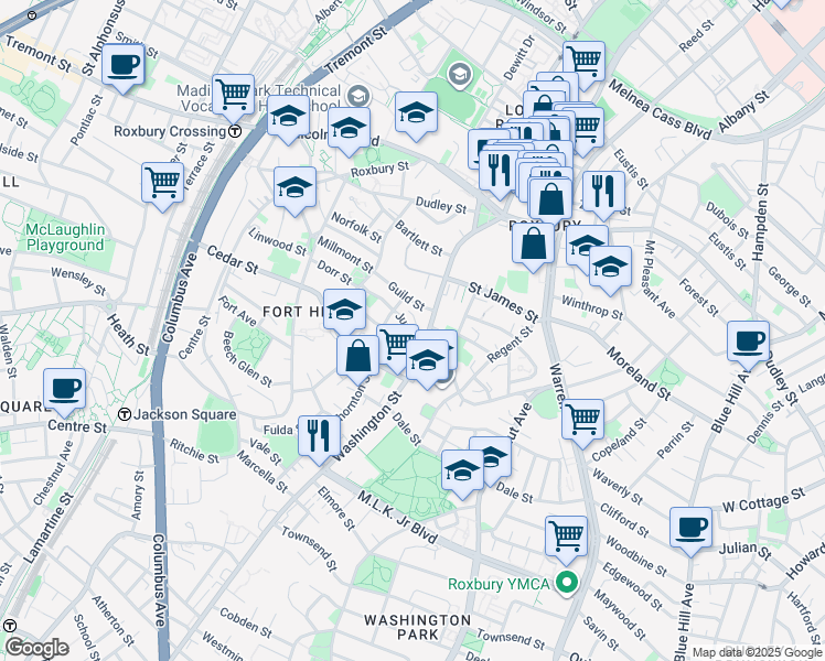 map of restaurants, bars, coffee shops, grocery stores, and more near 2599 Washington Street in Boston