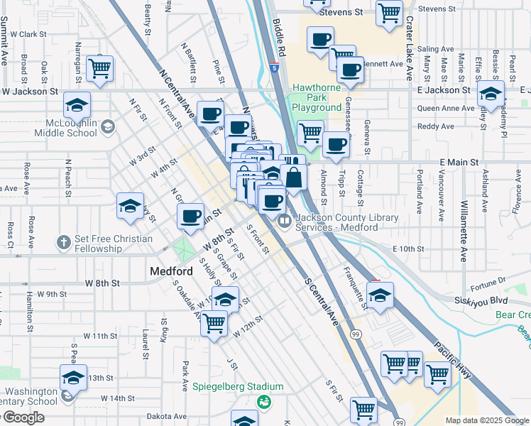 map of restaurants, bars, coffee shops, grocery stores, and more near 117 South Central Avenue in Medford