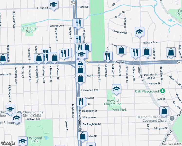 map of restaurants, bars, coffee shops, grocery stores, and more near 2019 North Highland Street in Dearborn