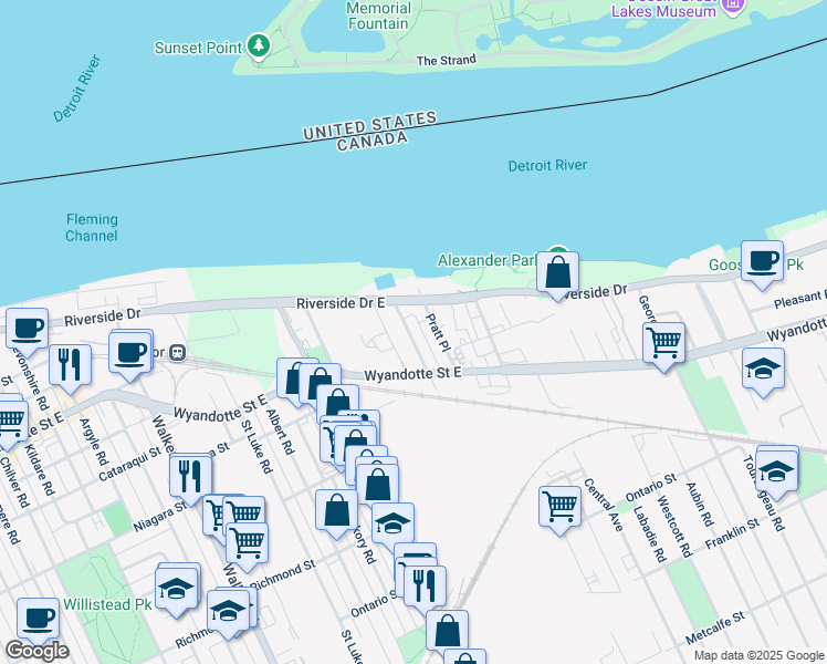 map of restaurants, bars, coffee shops, grocery stores, and more near in Windsor