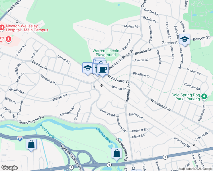 map of restaurants, bars, coffee shops, grocery stores, and more near in Newton