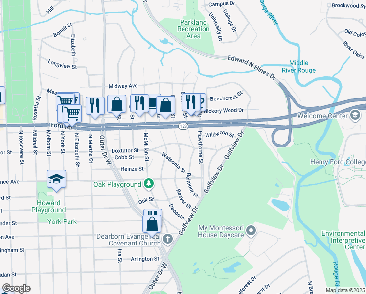 map of restaurants, bars, coffee shops, grocery stores, and more near 1938 Beaver Street in Dearborn