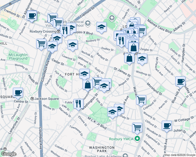 map of restaurants, bars, coffee shops, grocery stores, and more near 36 Juniper Street in Boston