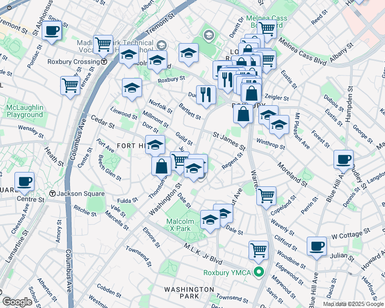 map of restaurants, bars, coffee shops, grocery stores, and more near 2597 Washington Street in Boston