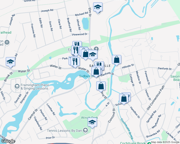 map of restaurants, bars, coffee shops, grocery stores, and more near 21 Water Street in Framingham