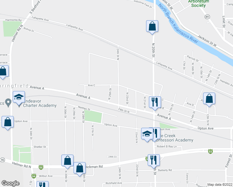 map of restaurants, bars, coffee shops, grocery stores, and more near 449 24th Street North in Springfield