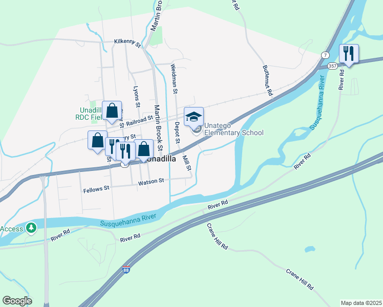 map of restaurants, bars, coffee shops, grocery stores, and more near 25 Main Street in Unadilla