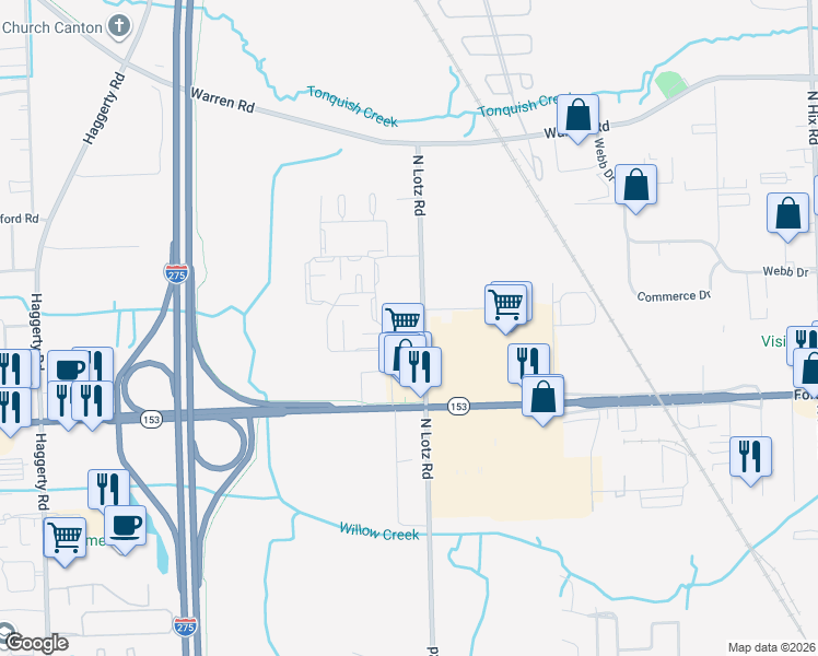 map of restaurants, bars, coffee shops, grocery stores, and more near 5805 North Lotz Road in Canton