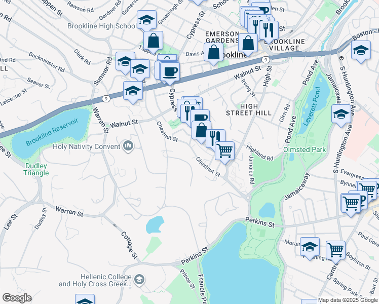 map of restaurants, bars, coffee shops, grocery stores, and more near 99 Chestnut Street in Brookline