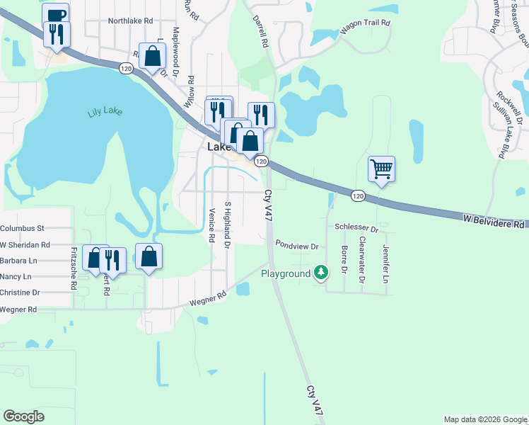 map of restaurants, bars, coffee shops, grocery stores, and more near 31781 North Darrell Road in Lakemoor