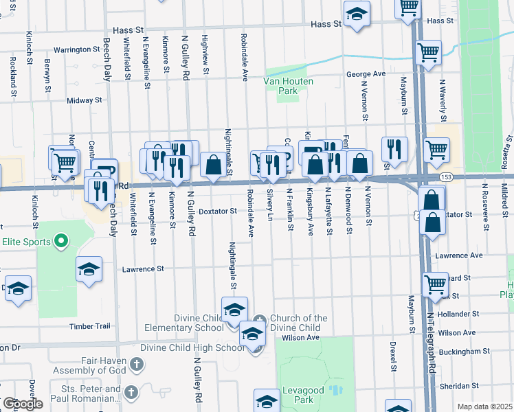 map of restaurants, bars, coffee shops, grocery stores, and more near 25040 Doxtator Street in Dearborn